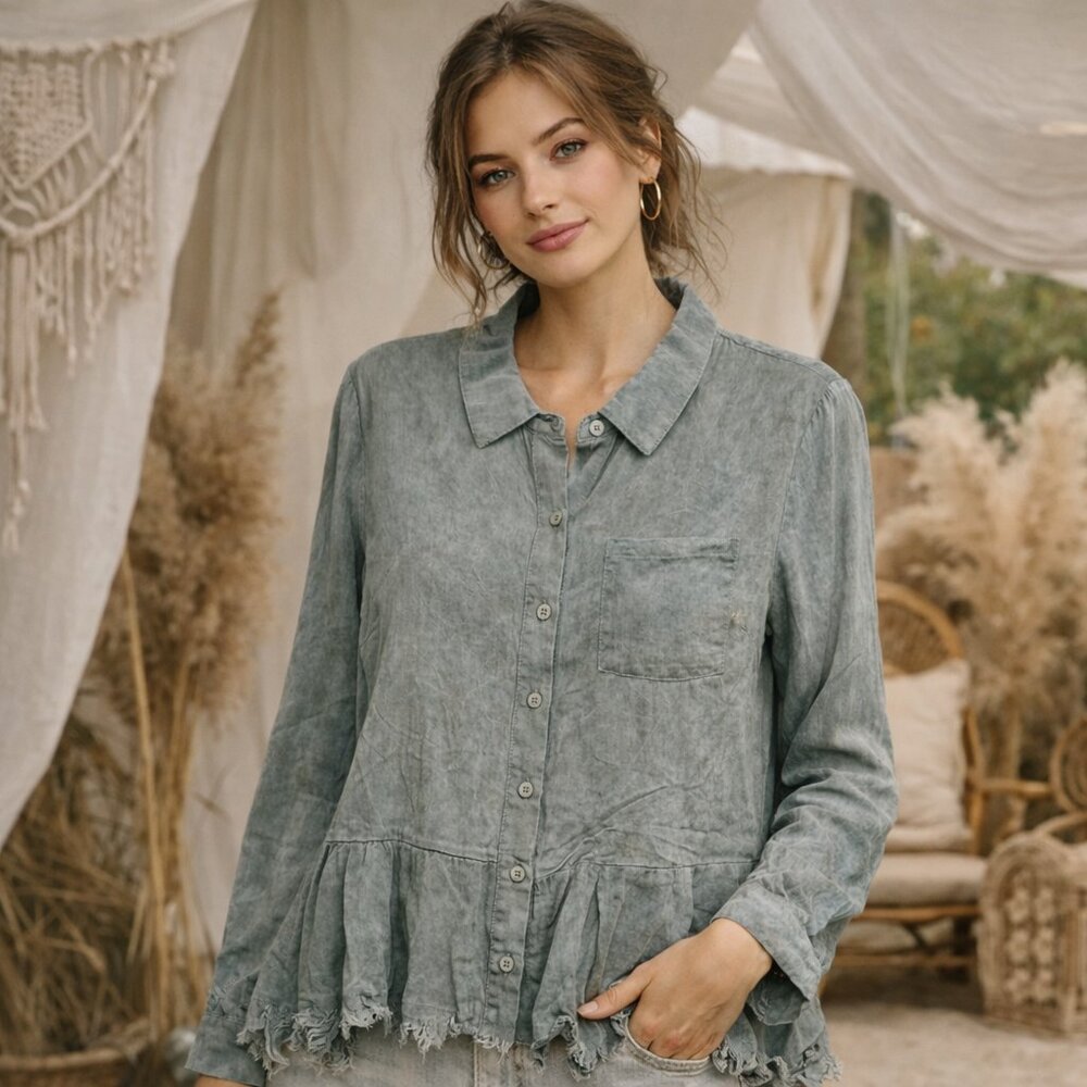 Mystree Sage Green Frayed Hem Button Front Peplum Blouse | Boho Cottagecore Top